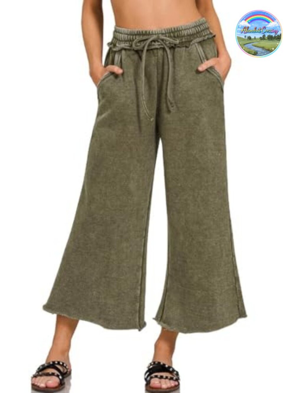 Women's High Waist Drawstring Wide Leg Cropped Mineral Wash Cotton Pants
